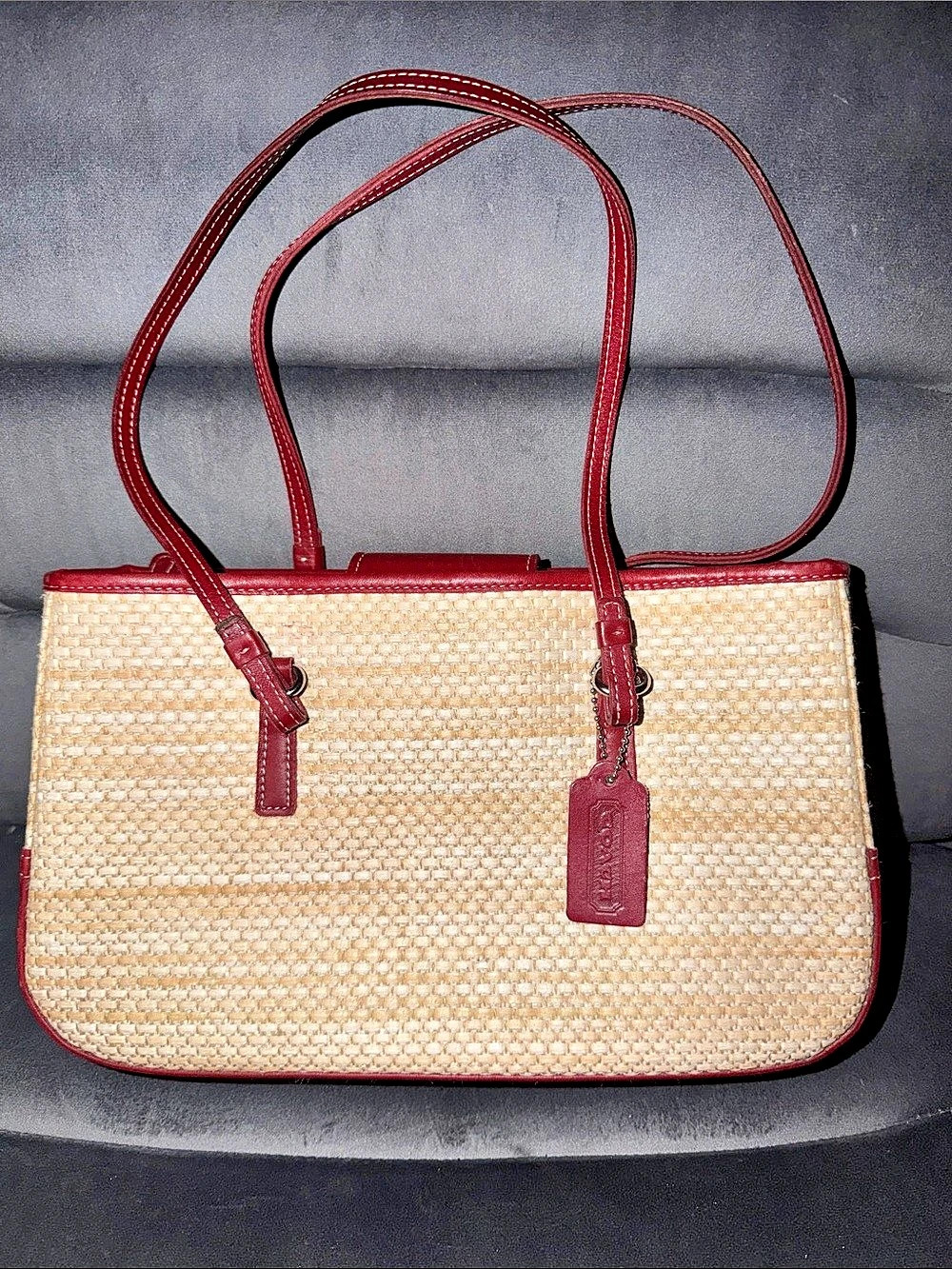 Coach Woven Leather Tote in Red & Cream